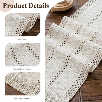 Boho Macrame Table Runner with Tassels 72in White Farmhouse Runner - color: White, size: 12'' x 72''