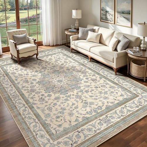 Arenarug 5x7 Washable Area Rug, Non Slip Living Room Rugs Distressed Boho Floral Rug, Soft Low Pile Indoor Carpet for Bedroom, Dining Room, Home Office, Cream Blue - color: Cream Blue, size: 5' x 7' (Rectangular)