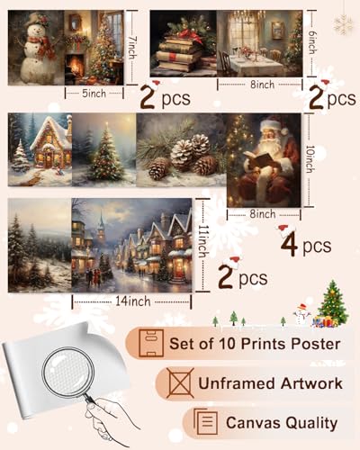 KBKBART Christmas Wall Art Prints Set of 10 Rustic Xmas Wall Decor Unframed - color: Christmas Wall Art