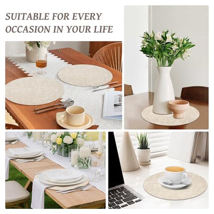 13" Round Placemats Set of 6, Reversible Faux Leather Wipeable Table Mats - color: Beige