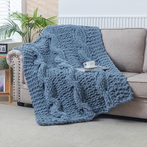 WESHIONGOO Chunky Knit Blanket Throw 50"×60" Knitted Throw Blankets for Couch Bed Fluffy Soft Blanket with Jumbo Chenille Yarn Thick 100% Handmade (Dusty Blue) - color: Dusty Blue, size: 50"x60"