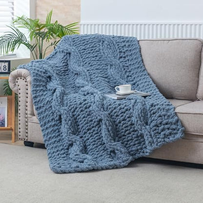 WESHIONGOO Chunky Knit Blanket Throw 50"×60" Knitted Throw Blankets for Couch Bed Fluffy Soft Blanket with Jumbo Chenille Yarn Thick 100% Handmade (Dusty Blue) - color: Dusty Blue, size: 50"x60"