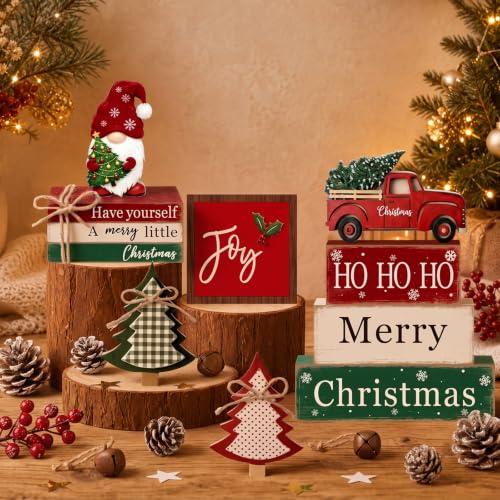 11 Pcs Christmas Table Decorations Set Christmas Wooden Sign Tiered Tray Decoration Xmas Table Centerpiece Block Stack Signs Farmhouse Rustic for Coffee Fireplace Mantel Shelf Kitchen - style: Farmhouse Christmas