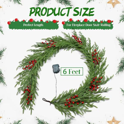 YoleShy 6FT Norfolk Pine Garland Christmas Garland with Lights Red Berry - color: Red Berry
