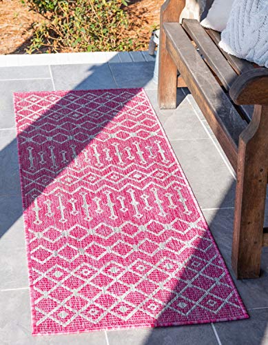 Unique Loom Outdoor Trellis Collection Area Rug - Tribal Trellis (2' x 6' 1" Runner, Fuschia/ Gray) - color: Fuschia/Gray, size: 2' x 6'1" (Runner)