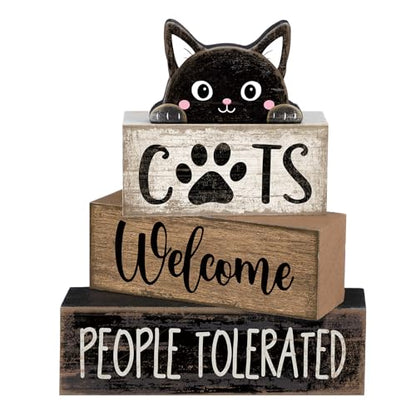 Lineshading 4 Pcs Cat Wooden Sign Set, Farmhouse Tiered Tray Decor - style: Cats