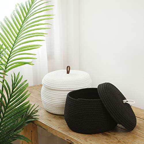 Sea Team Round Woven Cotton Rope Storage Basket with Lid, Black, 2-Pack - color: Black, size: Small/2-Pack