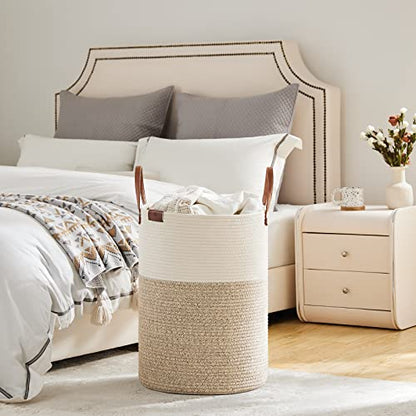VIPOSCO 72L Tall Woven Rope Laundry Hamper, Leather Handles, White & Brown - color: Brown, size: 72L