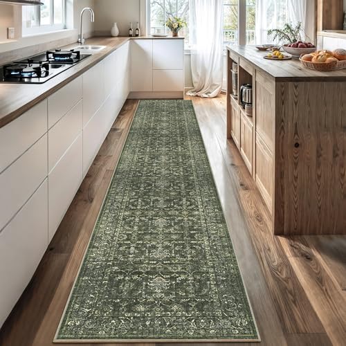 2x12 Washable Kitchen Runner Rug Soft Vintage Dark Green Throw Carpet - color: Dark Green, size: 2' x 12' (Runner)