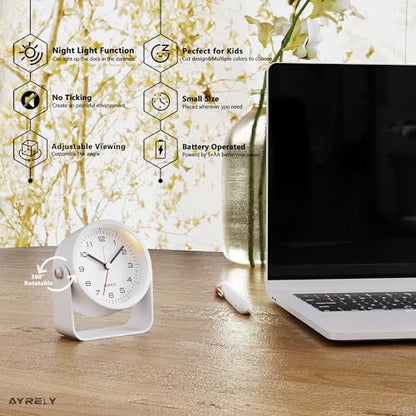 AYRELY® 3.5" Small Analog Travel Alarm Clock, Battery Operated Desk Clock - color: White