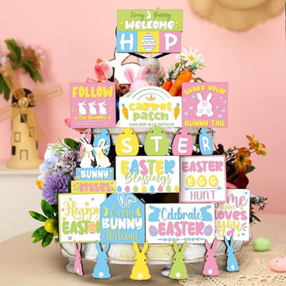 Amyhill 30 Pcs Easter Tiered Tray Decor Spring Easter Decorations Pastel Bunny Egg Farmhouse Wooden Signs Tiered Tray Decor for Home Kitchen Coffee Bar Table Shelf - style: Rustic Easter