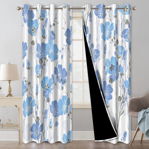 Blue Floral Blackout Curtains for Bedroom, 84 Inch Long Light Filtering Soundproof Thermal Black Out Curtains for Living Room, Summer Insulated Room Darkening Bedroom Curtains with Two Tiebacks - color: Blue Floral