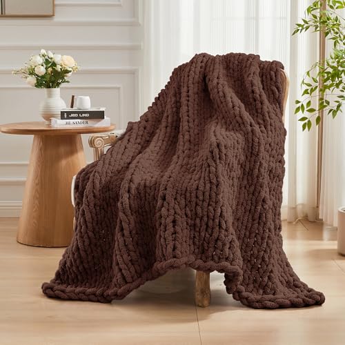 Carriediosa Chunky Knit Throw Blanket 60 x 80, 100% Hand Made, Cocoa Brown - color: Cocoa Brown, size: 60" X 80"
