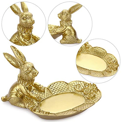 ELLDOO Golden Easter Bunny Figurine, Jewelry Ring Tray Trinket Holder Decorative Serving Tray Small Rabbit Statue Cute Ornament, Animal Sculpture Collectible Figurine Home Decor - style: Seated Rabbit