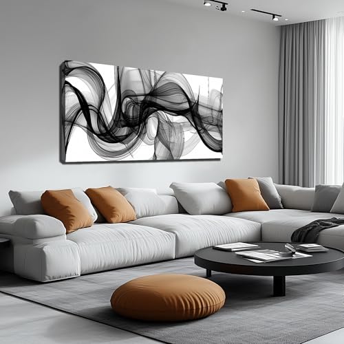 ENTANUB Abstract Wall Art for Bedroom, Black and White Canvas Wall-Decor for Living Room, Smoke Picture Print, Size 48 x 24 Inches - color: ABSTRACT-44, size: 48L" x 24W"