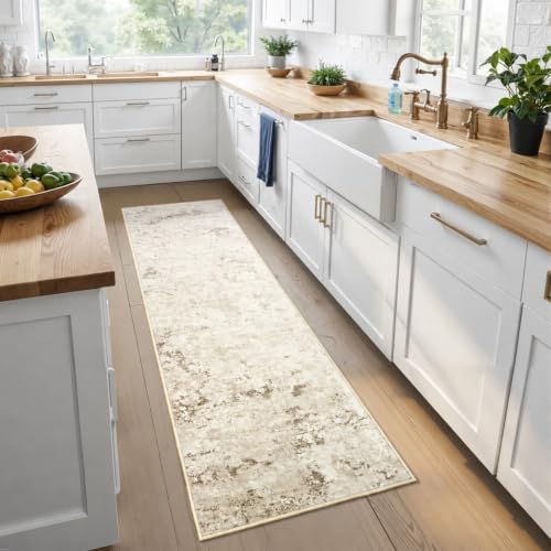 Toneed Washable 2x6 Non-Slip Abstract Runner Rug for Hallway Kitchen - color: Beige, size: 2' x 6' (Rectangular)