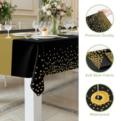 Smiry Disposable Rectangle Plastic 54 x 108 Inch Table Cloth 3 Pack - color: Black and Gold