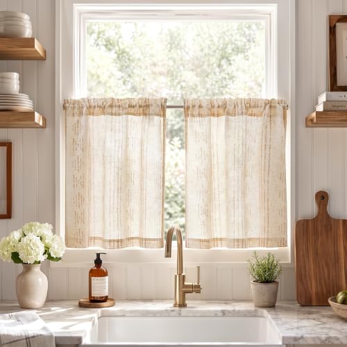 jinchan Linen Striped Tier Curtains for Kitchen Windows Boho - color: Boho Taupe | on Beige, size: 26"W x 24"L (Pack of 2)