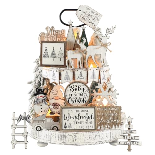 Shellwei 20 Pcs Neutral Christmas Tiered Tray Decor, Winter Farmhouse Signs - style: Vintage