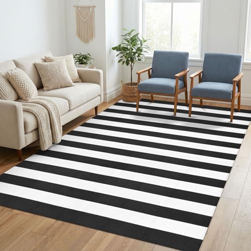 KILOCOCO Black White Striped Rug 5x7 Area Rug for Living Room Washable Rugs - color: Black and White Stripe, size: 5' x 7' (Rectangular)