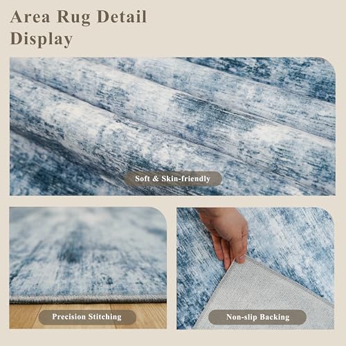 2x5 Non-Slip Washable Runner Rug – Modern Neutral Abstract Small Rug for Hallway, Kitchen, Bathroom, Bedroom, Entryway, Laundry Room – Thin Soft Low-Pile Rubber Backing (Blue Grey) - color: Misty Blue/Gray, size: 2' x 5' (Rectangular)