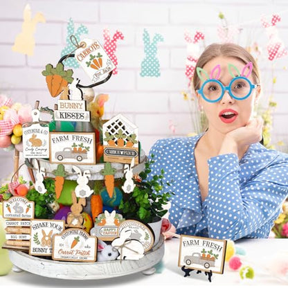 Amyhill 24 Pcs Easter Tiered Tray Decor Bunny Carrot Farmhouse Easter Decorations Spring Tiered Tray Decor Wooden Signs Mini Table Decorations for Home Kitchen Coffee Bar Shelf - style: Fresh Easter