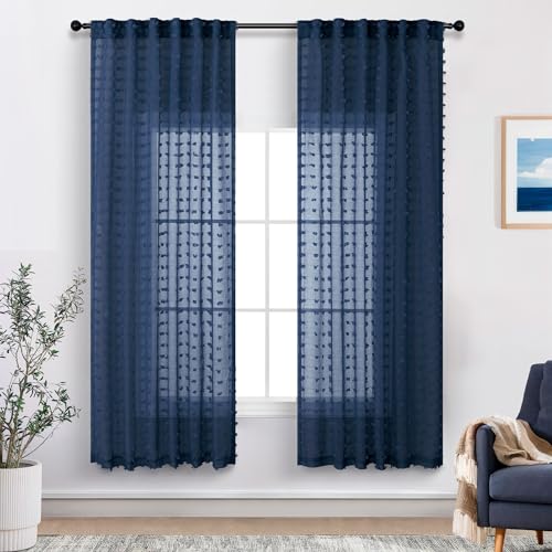 Navy Blue Boho Sheer Curtains 63 Inch Length for Nursery Boys Bedroom Cute Sheer Pom Pom Curtain for Farmhouse Window Decor Navy Indigo Blue Voile Drapes for Living Room Back Tab 2 Panels Set 52x63 - color: Navy Blue, size: 52"W x 63"L (Pack of 2)