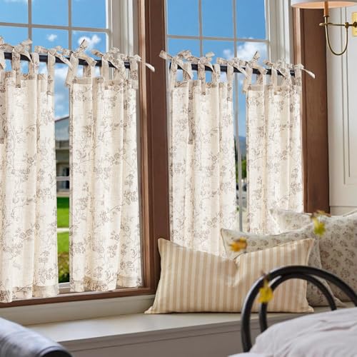 jinchan Taupe Floral Kitchen Tier Curtains Alisa 36 Inches Tie Top 2 Panles - color: Alisa Taupe on Linen, size: 26"W x 36"L (Pack of 2)