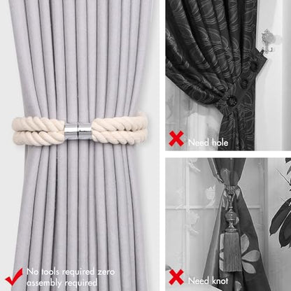 NICEEC Natural Cotton Rope Magnetic Curtain Tiebacks, 4 Pack, Beige - color: Beige, size: 4 Pack