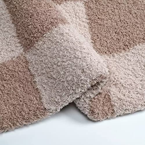 Ultra Soft Checkered Blanket Cozy Buffalo Check Throw Fluffy Knitted Reversible Throw Blanket Lightweight Fleece Checkerboard Grid Blanket for Sofa Couch Bed Travel, Linen/Warm Gray, 51''x63'' - color: Linen/Warm Gray