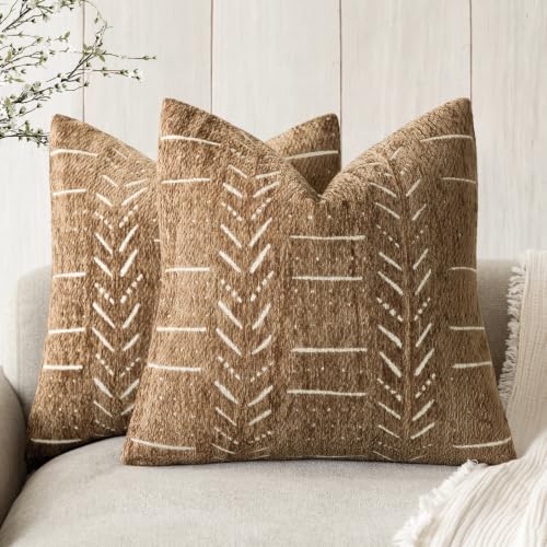 Foindtower Set of 2 Decorative Chenille Jacquard Throw Pillow Covers Textured Farmhouse Vintage Cushion Covers Modern Boho Accent Home Decor for Sofa Chair Couch Bedroom Living Room,18×18 Inch,Bronze - color: Sudan Brown, size: 18" x 18" (Pack of 2)