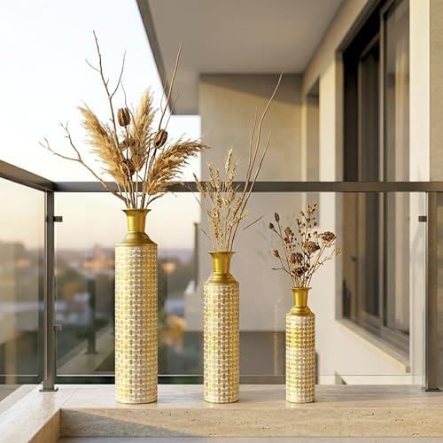 Leewadee Set of 3 Large Floor Vases Metal for Pampas Grass - color: Gold, White