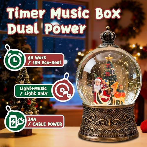 SUNFACE Christmas Snow Globe, Santa Claus Reindeer Christmas Tree Light Up Musical Snow Globes with 6H Timer, 3 AA Battery & USB Powered, Glitter Water Globe Indoor for Kids Women Adults - color: Santa Claus Christmas Tree 112
