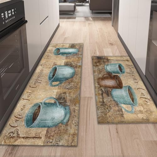 Farmhouse Kitchen Rug Sets of 2 Piece Non Slip Kitchen Rugs and Mats Washable Kitchen Mats for Kitchen Floor Mat Carpet Runner Rugs for Hallway Laundry Decor 17"x30"+17"x47" - color: Coffee, size: 17" x 30" + 17" x 47" (Set of 2)