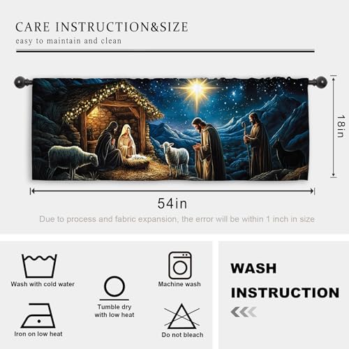 Miyotaa Christmas Holy Kitchen Curtain Valance 54W x 18H Rod Pocket Winter Night Xmas Holiday Religious Christian Window Treatment for Living Room Bedroom Bathroom - color: Blue Night, size: 54"W x 18"L (Pack of 1)