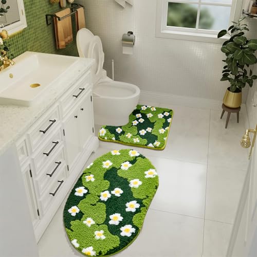Cute Floral Bathroom Rugs Set 2 Piece, Non Slip Microfiber Green Grass Flowers Bath Mat 20x32 + Contour Toilet Rug 20x24 Machine Washable Great Absorbent, Boho Aesthetic Bath Mat Set for Bathroom - size: 20''W x 32''L + 20''W x 24''L
