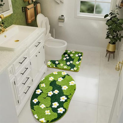 Cute Floral Bathroom Rugs Set 2 Piece, Non Slip Microfiber Green Grass Flowers Bath Mat 20x32 + Contour Toilet Rug 20x24 Machine Washable Great Absorbent, Boho Aesthetic Bath Mat Set for Bathroom - size: 20''W x 32''L + 20''W x 24''L