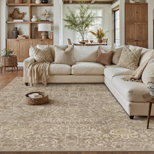 HUGEAR 8x10 Light Brown Vintage Floral Washable Area Rug for Living Room - color: Light Brown, size: 8' x 10' (Rectangular)