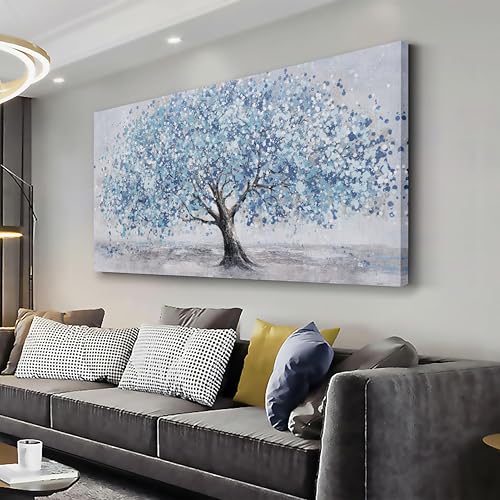 Tree of Life Wall Art Blue Tree Picture Wall Decor Artwork Framed Abstract Canvas Painting Nature Decor for Living Room Bedroom Bathroom Office Home Decor 48"x24"Can Be Hung Directly - color: Blue, size: 48"L x 24"W
