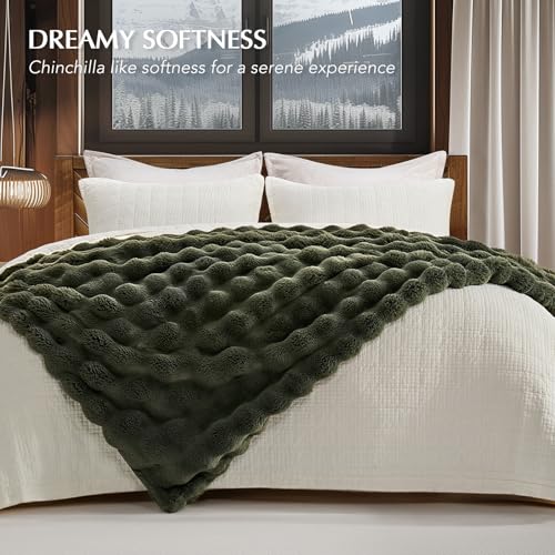 EverGrace Faux Rabbit Fur Bubble Throw Blanket, 60"x80", Green - color: Solid Green, size: 60"x80"