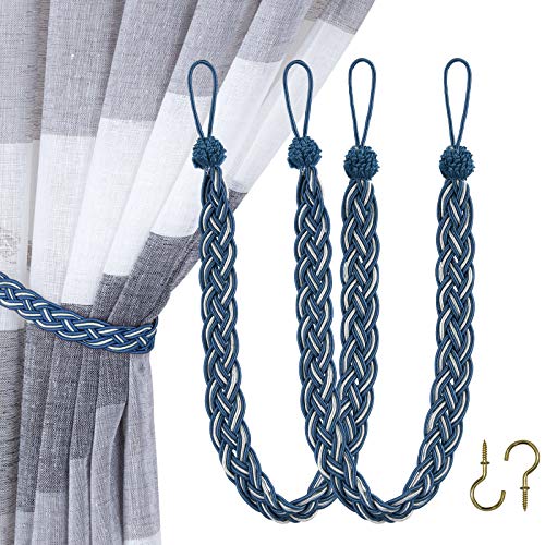 Home Queen Handwoven Rope Curtain Tiebacks for Drapes, 2 Pack Rope Holdbacks with Hooks, 23 Inch Long Polyester and Cotton Braided Tie Backs for Thick and Sheer Curtains,Navy and Silver - color: Navy+silver, size: 2 Pack
