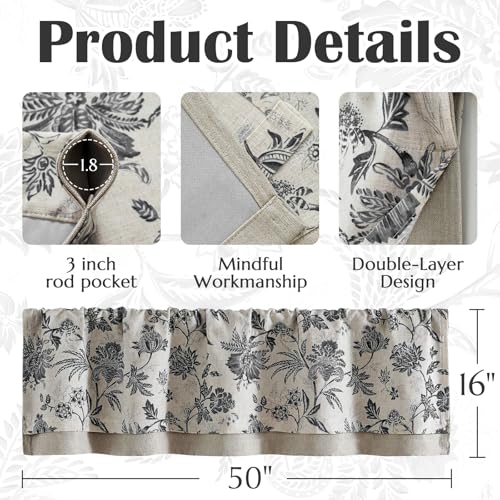 jinchan Floral Valance Curtain Linen 16 Inch Farmhouse 1 Panel Black - color: Jacobean | Black, size: 50"W x 16"L (Pack of 1)