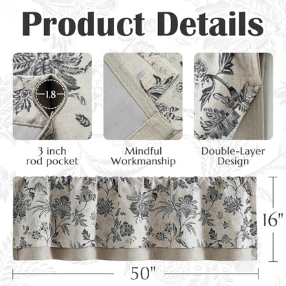 jinchan Floral Valance Curtain Linen 16 Inch Farmhouse 1 Panel Black - color: Jacobean | Black, size: 50"W x 16"L (Pack of 1)