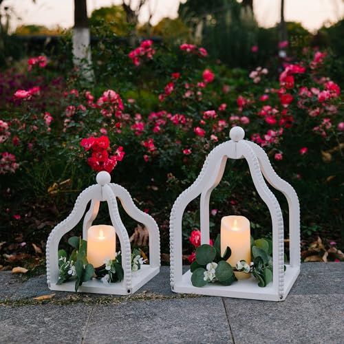 HPC Decor 2 Pack Rustic Farmhouse Lantern Decor,Vintage Wood Beaded Lanterns,White Candle Lanterns Decorative w/LED Lights String and Garland for Home, Indoor,Outdoor, Table, Fireplace, Mantle Decor