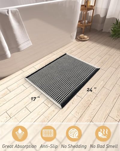 Upgraded Waffle Bath Mat Ultra Absorbent Non Slip Bathroom Mat, 17" x 24" - color: Black & Cream, size: 17" x 24"