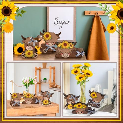 GlikCeil 3 Pcs Sunflower Highland Cow Table Decorations Wooden Centerpiece - style: Sunflower
