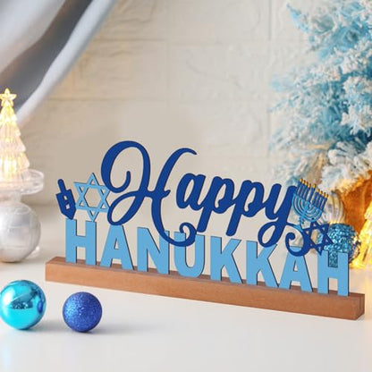 Yaocom 13.78 Inch Happy Hanukkah Table Decoration Happy Hanukkah Metal Letter Sign Star of David Freestanding Tabletop Centerpiece with Wooden Base Cutout Word Sign for Home Mantel Shelf Fireplace - style: Hanukkah