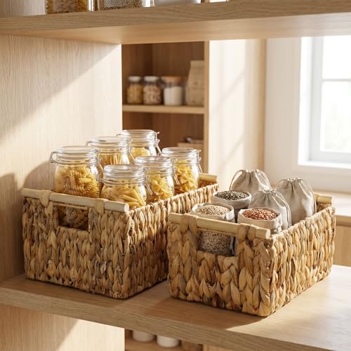 Water Hyacinth Storage Baskets, Wicker Shelf Baskets with Wooden Handle