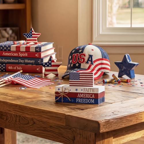 Smile Patriotic Wooden Block Stack with American Flag Decor, 4-Piece "Faith America Freedom" Tiered Tray Tabletop Sign for 4th of July & Memorial Day - style: Flag