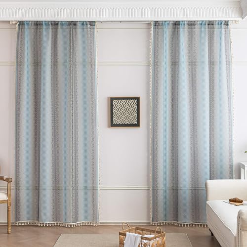 Turquoise Geometric Sheer Curtains 54 inch Long, Fringed Edges and Textured Semi Sheer Curtains Large Window Treatments for Living Room/Bedroom, 2 Panels - color: Turquoise Geometry, size: 52"W x 54"L (Pack of 2)